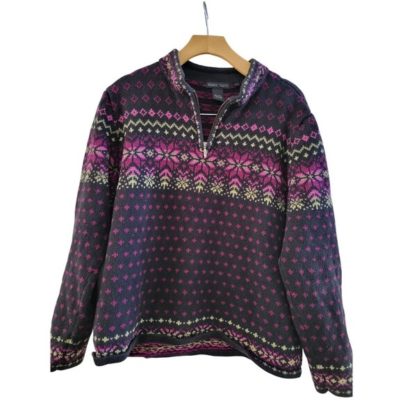 Nomadic Traders Womens Black Fair Isle 1/4 zip sweater size Large ski Pink warm - Picture 1 of 6